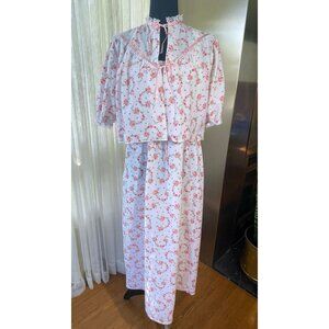 Vintage 1980s peignoir set, white, pink floral, flannel negligee and bed jacket